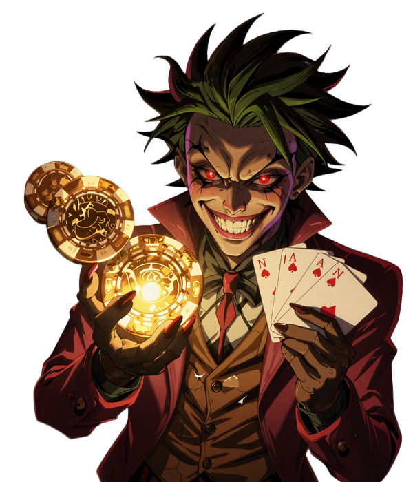 Dark anime Joker-mascot h&auml;lt leuchtende Casino-Chips und Spielkarten - Jokery Willkommensbonus