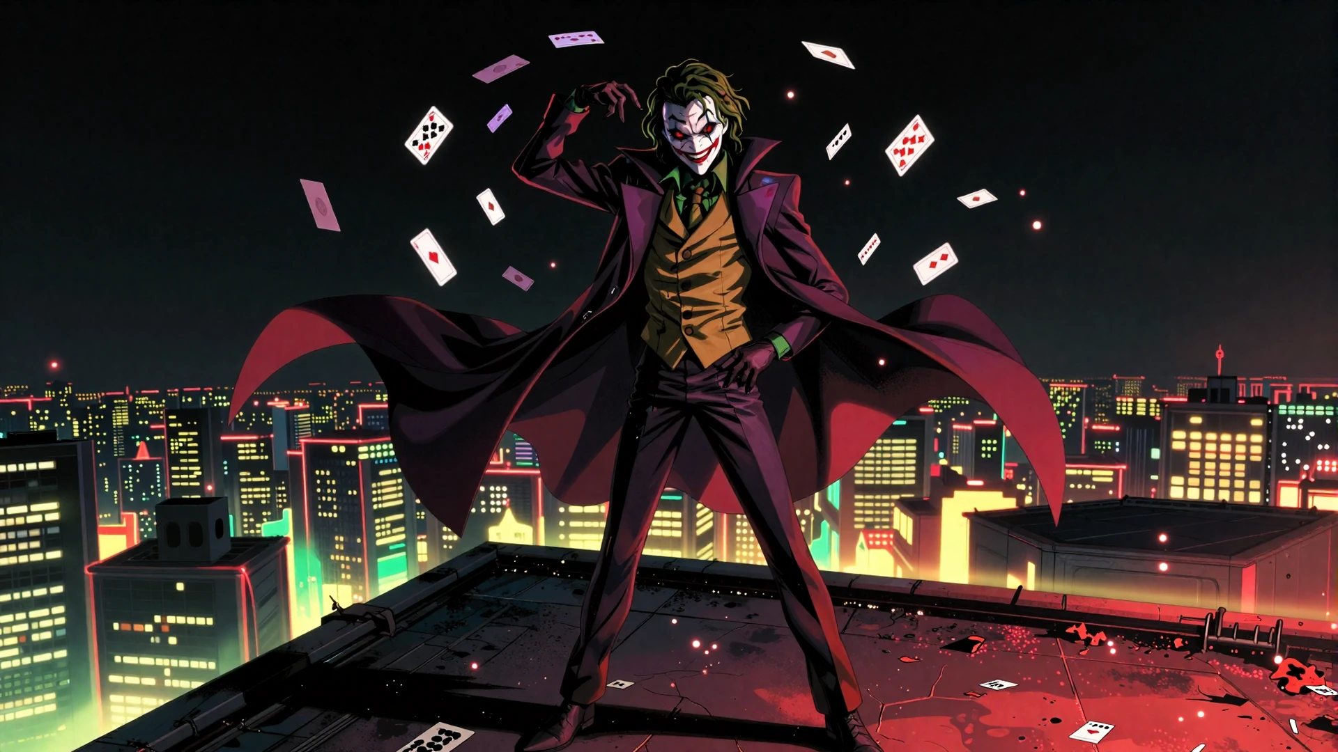 Dark anime Joker-villain mascot mit leuchtenden Augen und Karten-Ploch &uuml;ber n&auml;chtlicher Stadt - Jokery Casino hero visual