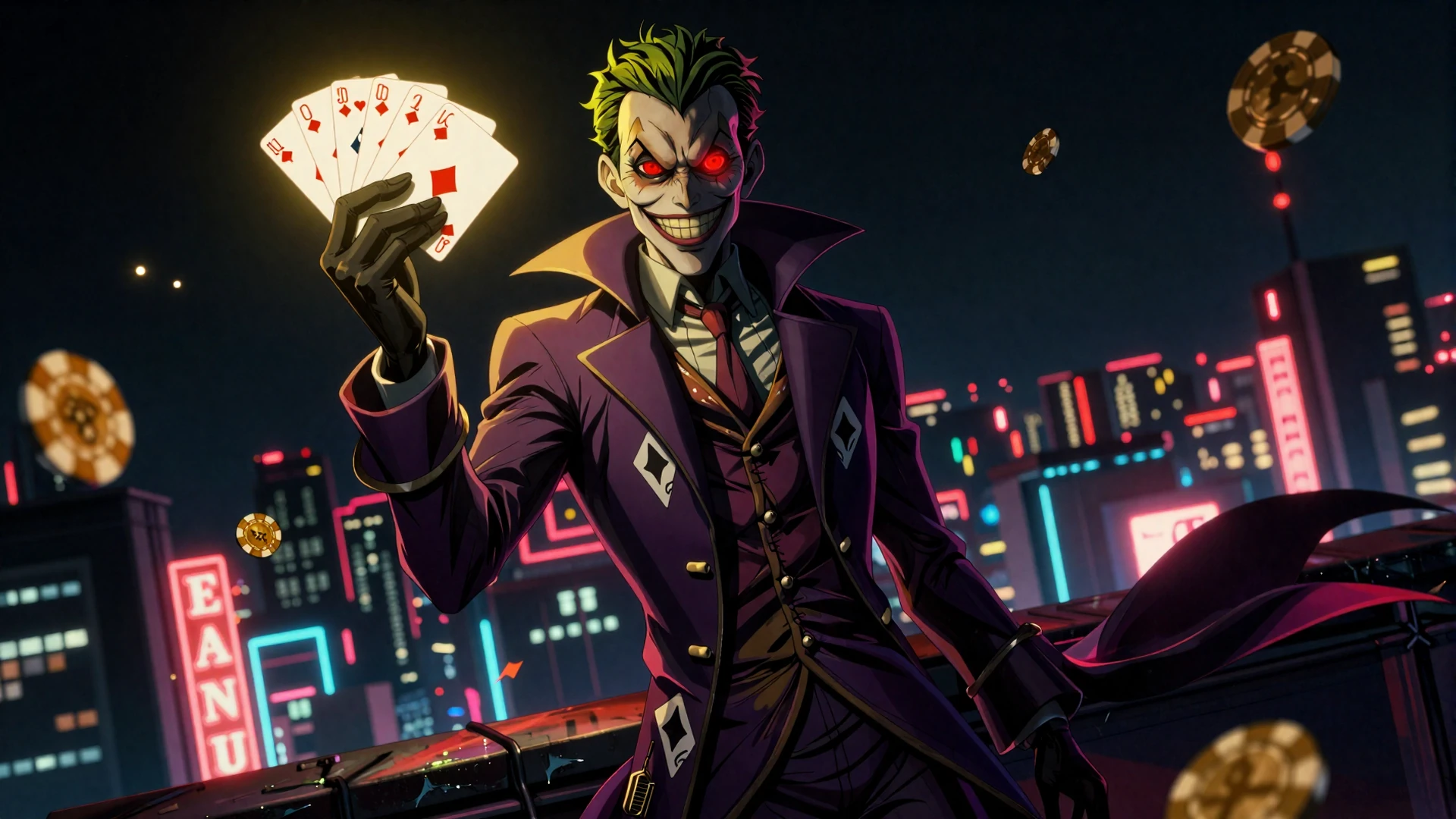 Dark anime Joker-villain Maskottchen mit leuchtenden roten Augen h&auml;lt goldene Casino-Chips und Spielkarten &uuml;ber n&auml;chtlicher Neon-Stadt - Jokery Casino Bonus Hero