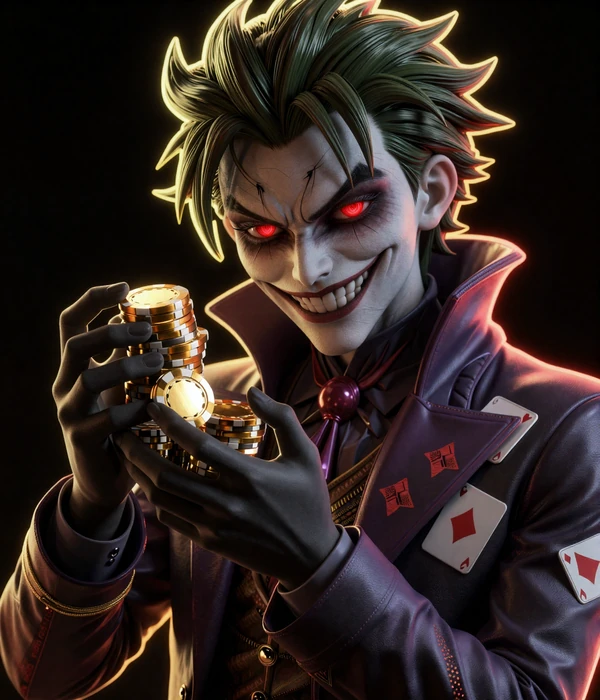 Dark anime Joker-Maskottchen mit goldenen Casino-Chips und selbstbewusstem L&auml;cheln - Jokery Highroller Bonus Visual